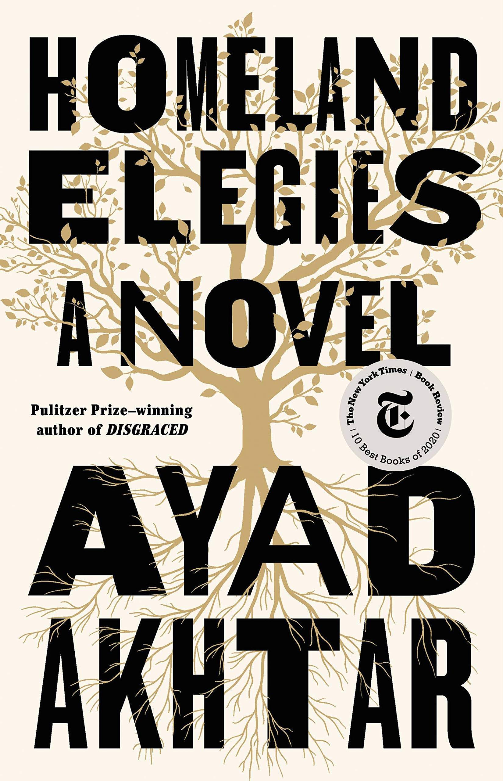 "Homeland Elegies" book cover featuring a large tree in the center with branches reaching upwards and roots reaching downwards.